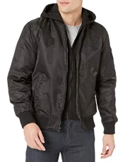 Men's Hooded Bomber Jacket Varsity, Black, Medium Men's Hooded Bomber Jacket Varsity, Black, Medium