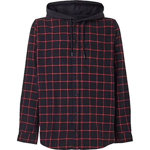 Mens Hooded Button Down Shirt - Black/Red Check - M