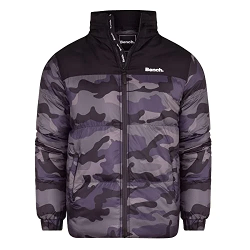 Mens Hooded Camo Jacket Designer Quilted Coat Zipped Pockets Padded Grey S