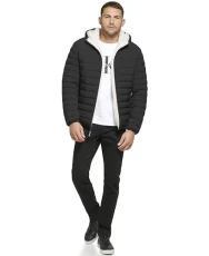 Men's Hooded Down Jacket, Quilted Coat, Sherpa Lined, Ebony, M