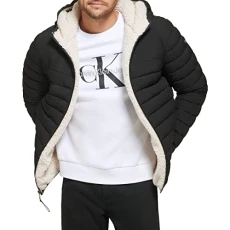 Men's Hooded Down Jacket Quilted Coat Sherpa Lined, Ebony, S
