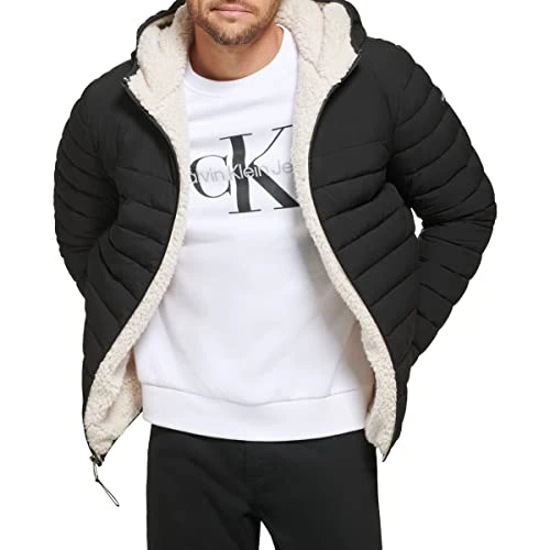 Men's Hooded Down Jacket Quilted Coat Sherpa Lined, Ebony, S