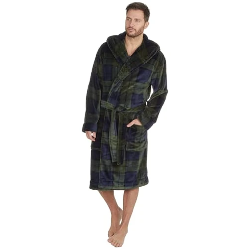 Mens Hooded Dressing Gown 31B1769 Green Check Medium