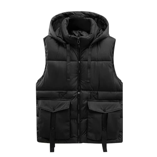 Mens Hooded Gilet Winter Casual Vest Quilted Padded Body Warmer Vest Sleeveless Jacket Coat #516 Black 3XL