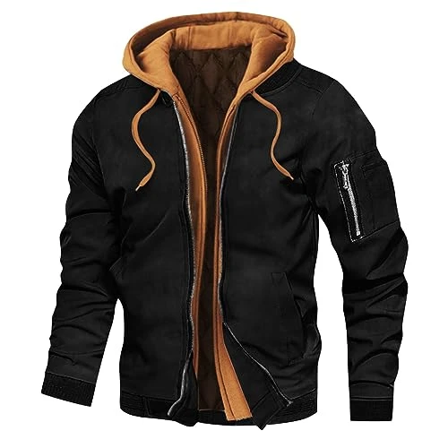 Men's Hooded Jacket Lined Fleece Hoodies Slim Fit Zip Up Jackets Stretch Lumberjack Jacket Warm Winter Sweatshirt Heavyweight Outdoor Gilets Classic Drawstring Tops with Pockets XXXL Black