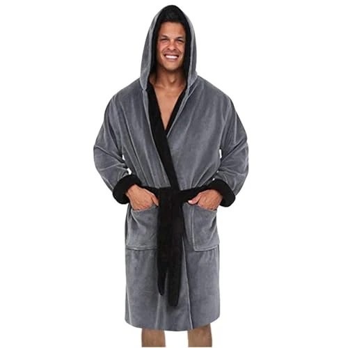 Men's Hooded Plush Robe Full/Mid Length Flannel Soft Plus Size Sleep Gown with Belt Nightwear Holiday Shower & Hotel Housecoat Fluffy Bathrobe for Winter