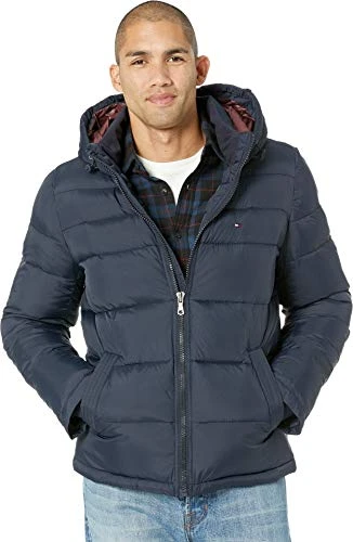 Men's Hooded Puffer Jacket Down Alternative Outerwear Coat, Midnight, L