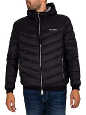 Men's Hooded Quilted Down Milano/New York Logo Zip-up Jacket, Black/Melange Gray B, XXL