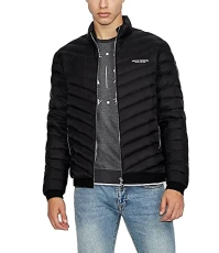 Men's Hooded Quilted Down Milano/New York Logo Zip-up Jacket Down Alternative Coat, Black/Melange Gray B, XS Men's Hooded Quilted Down Milano/New York Logo Zip-up Jacket Down Alternative Coat, Black/Melange Gray B, XS