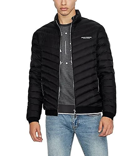 Men's Hooded Quilted Down Milano/New York Logo Zip-up Jacket Down Alternative Coat, Black/Melange Gray B, XS
