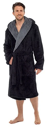 Mens Hooded Shaggy Fleece Bathrobe Dressing Gown - Black - Large/X-Large 44-48 Chest