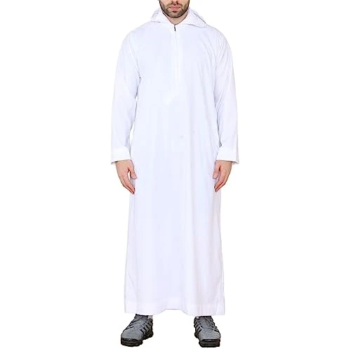 Mens Hooded Thobe Hood Jubba Nehru Stand Collar Islamic Clothing Muslim Kaftan Robe Saudi Slim Regular Fit - White Slim XXL - 60