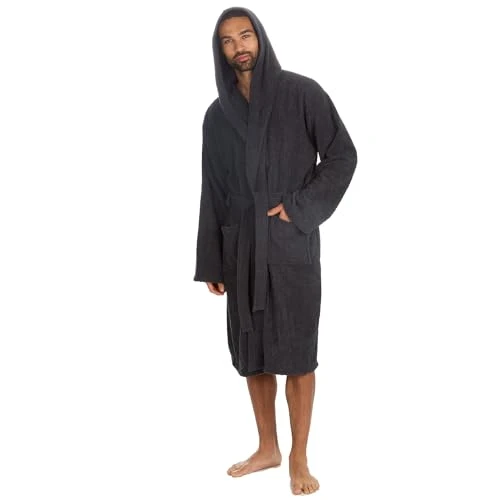 Mens Hooded Towelling Bathrobe 31B1844 Dark Grey M-L