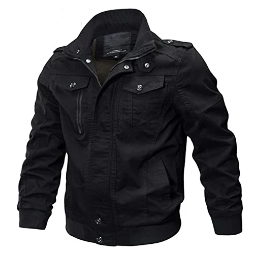 Men's Hooded Wind Jacket Bomber Jackets with Zipper Windproof Coat Warm Winter Jacket Military Tactical Cargo Jacket Black