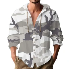 Mens Hoodies Linen Hooded Sweatshirt Vintage Streetwear Camo Print Shirt Regular Fit Long Sleeve Top Button Down Blouse Casual Drawstring Hoodie Spring And Autumn Jackets Lightweight Outdoor Tops