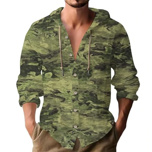 Mens Hoodies Linen Hooded Sweatshirt Vintage Streetwear Camo Print Shirt Regular Fit Long Sleeve Top