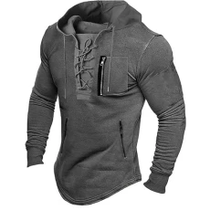 Men's Hoodies Slim Muscle Sweatshirt Lace Up Drawstring Sweatshirts Solid Long Sleeve Hooded Shirts Vintage Pullover Sweater Casual Smart Sweaters Outdoor Gym Shirts Comfort Hoodie with Zip Pockets