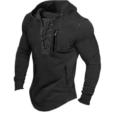 Men's Hoodies Slim Muscle Sweatshirt Lace Up Drawstring Sweatshirts Solid Long Sleeve Hooded Shirts Vintage Pullover Sweater Casual Smart Sweaters Outdoor Gym Shirts Comfort Hoodie with Zip Pockets