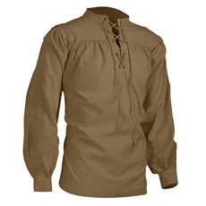 Men's Hoodless Sweatshirt Solid Dress T-Shirt Lace Up Drawstring Tops Formal Wedding Tee Pirate Shirt Ruffle Victorian Renaissance Shirts Steampunk Vampire Poet Tshirt Gothic Medieval Costume Khaki