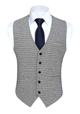 Men's Houndstooth Waistcoats Formal Classic Check Waistcoat Wedding Casual Suit Vest with Pockets XXL