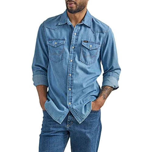 Men's Iconic Denim Regular Fit Snap Shirt Button, Lake Wash, Medium