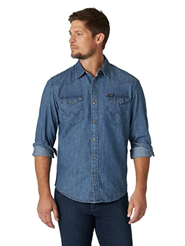 Men's Iconic Regular Fit Snap Shirt Button, Mid Tint Denim, Medium