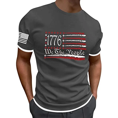 Men's Independence Day Flag Print Two Stitched Spring/summer Leisure Sports Comfortable Breathable Sweat Absorbing Crew Neck Short Sleeved T Shirt Shirt Men Cold Gear (Grey, XXL)