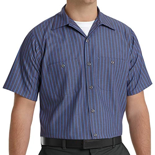 Men's Industrial Work Shirt, Short Sleeve Utility Button, Grey/Blue Stripe, Medium