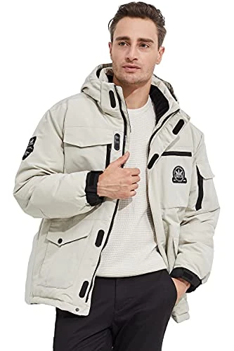 Men's Insulated Winter Parka Women’s Down Coat with Detachable Hooded Beige for Men L