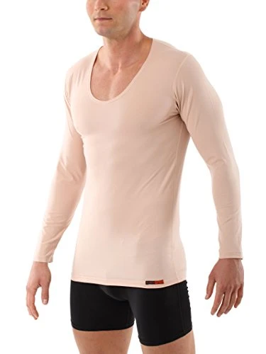 Men’s Invisible Business V-Neck Undershirt with Long Sleeves Made of Soft and Light Stretch-Cotton, Nude-Coloured M