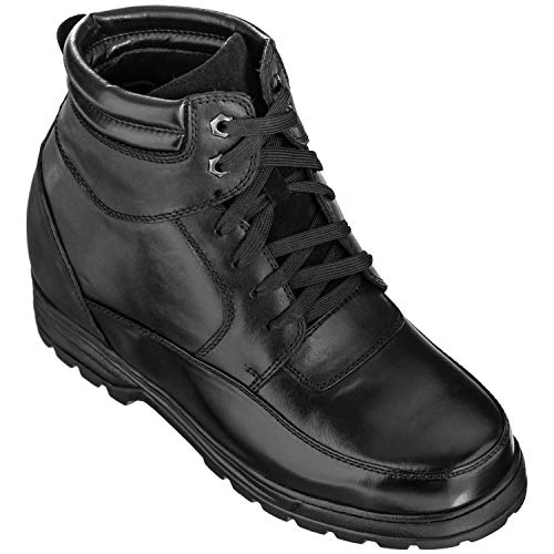 Men's Invisible Height Increasing Elevator Shoes - Black Leather Lace-up Military Boots with Extra T