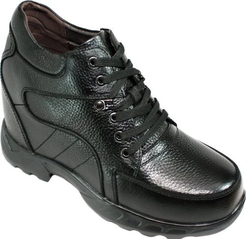 Men's Invisible Height Increasing Elevator Shoes - Black Pebble Grain Leather Lace-up Boots - K10721