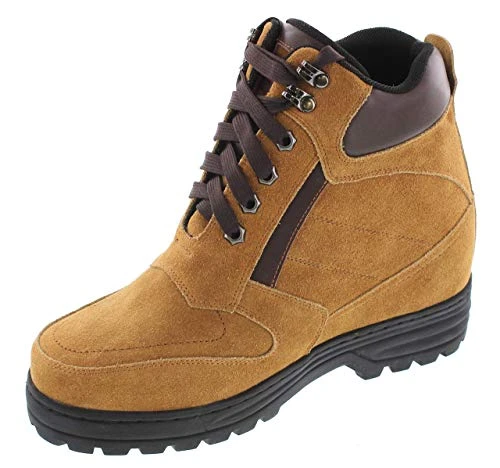 Men's Invisible Height Increasing Elevator Shoes - Brown Nubuck Leather Lace-up High-top Boots with 