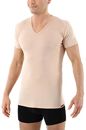 Men's Invisible v-Neck Business Undershirt with Short Sleeves 100% Organic Cotton Nude Skin Colour L