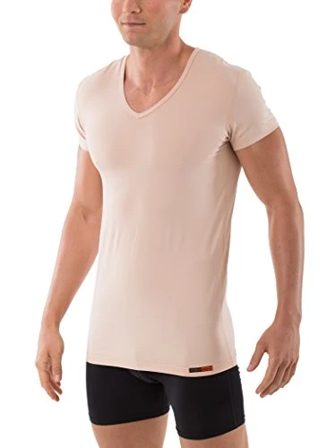 Men's Invisible v-Neck Business Undershirt with Short Sleeves Stretch Cotton Nude Beige L