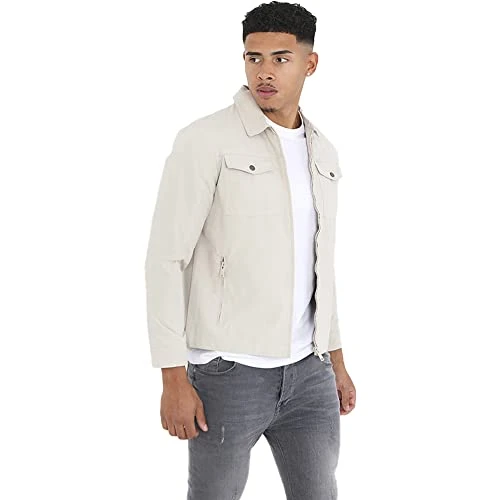 Mens Jacket Collar Zip Up Fitted Casual Classic Western Style Coat UK (Small, Stone), S
