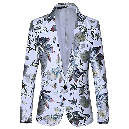 Men's Jacket Floral Regular Fit Leisure Suit Jacket 1 Button Business Wedding Blazer Jacket Men's Lightweight Suit Jacket for Men Leisure Jacket in Velvet Look Tuxedo Jacket Sporty, White,