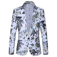 Men's Jacket Floral Regular Fit Leisure Suit Jacket 1 Button Business Wedding Blazer Jacket Men's Lightweight Suit Jacket for Men Leisure Jacket in Velvet Look Tuxedo Jacket Sporty, White,
