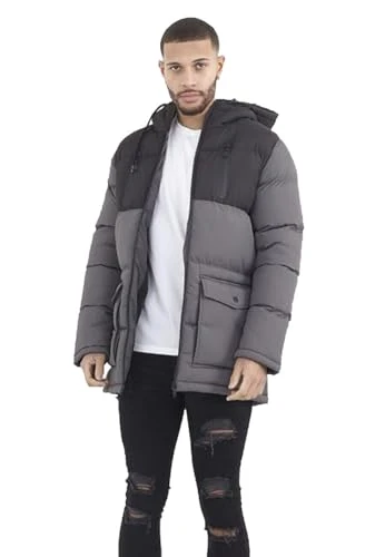 Mens Jacket Padded Quilted Jackets Winter Warm Zip Up Hoodie Outerwear Plain Coat Hooded Top Black Grey M Black 2