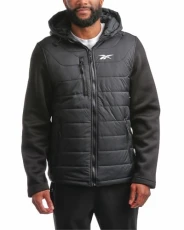 Men's Jacket - Quilted Puffer Bomber Jacket with Fleece and Tricot Sleeves - Hooded Outdoor Jackets for Men (L-XL), Jet Black, L