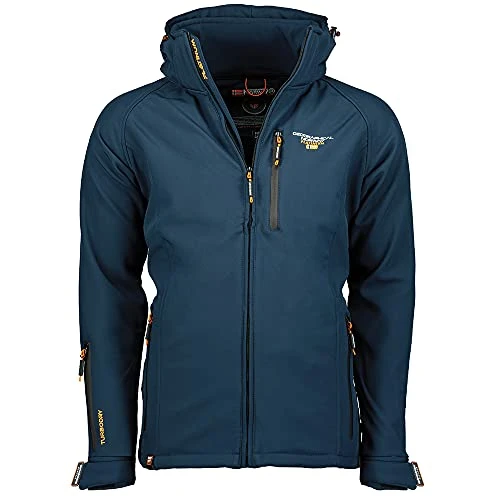 Men's jacket, windproof jacket with hood, functional softshell jacket, blue, XXXL