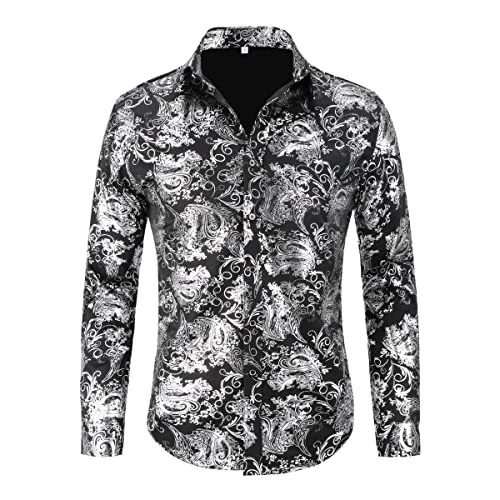 Men's Jacquard Shirt Paisley Silk Dress Shirt for Wedding Party Long Sleeve Satin Luxury Shirts Silv