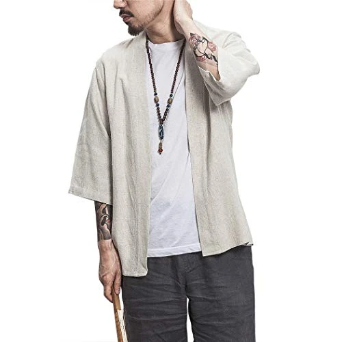 Men's Japanese Style Robes Kimono Pajamas Suit Cloak Poncho Cape Coat Cardigan,Grey,L