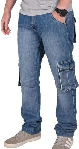 Mens Jeans Cargo Combat Denim Regular Fit Trouser Casual Multipocket Bottoms Zip Fly Pants Dark Wash