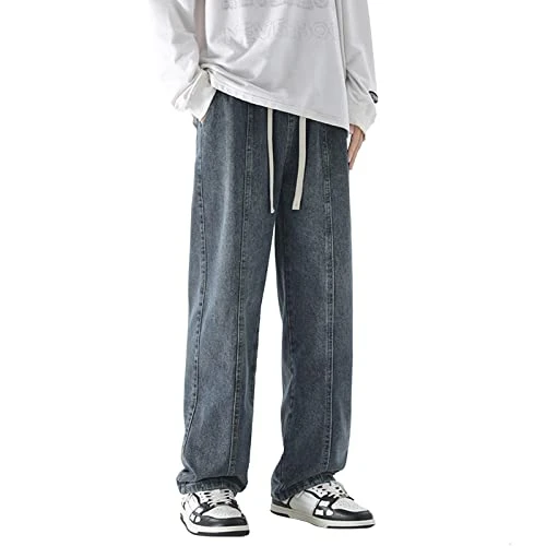 Men's Jeans, Men's Trousers, Elastic Waist with Drawstring, Denim Trousers Loose Fit Straight Leg Jeans Denim Pants Outdoor Leisure Style, dark blue, 3XL