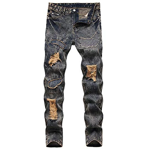 Men's Jeans Ripped Distressed Straight Washed Denim Jeans Slim Fit Stretch Pants,926# Black,30