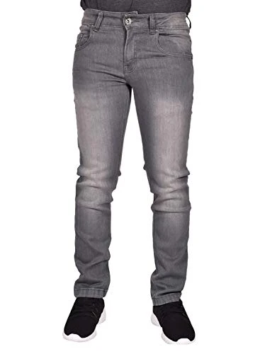 Mens Jeans Slim Fit Stretch Trousers Denim Pants Cotton Bottoms Zip Fly 5 Pockets Western Casual Wear TrueFace TF022 Grey Wash 28WX32L