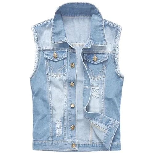 Men's Jeans Vest Made of Cotton, Casual Ripped Denim Vest, Sleeveless Jacket Denim Vest, Men's Motor