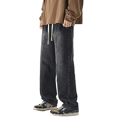 Men's Jeans with Drawstring, Men's Slim Jeans, Vintage, High Street Washed Old Jeans, American Gradual, Loose Straight Tube Bottom Sweep Trousers with Wide Leg, Tactical Trousers, black, XL