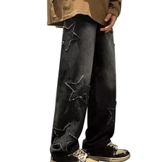 Men's Jeans with Star Pattern, Baggy Denim Trousers - Cargo Pants Slant Pocket Denim Pants | Fashion Relaxed Fit Casual Trousers Vintage Style, Blue, Straight Leg Waist Straight Leg Jeans, black, S
